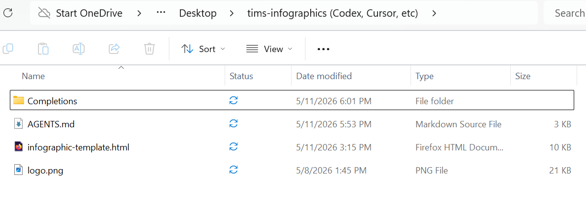 The unzipped starter folder containing the Completions folder, AGENTS.md, infographic-template.html, and logo.png