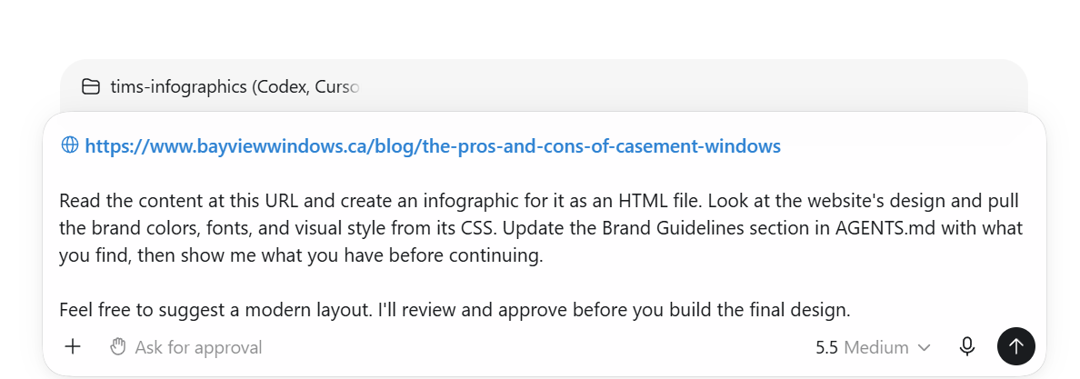 The first infographic prompt entered in Codex, including the blog post URL and instructions to inspect the site's visual style
