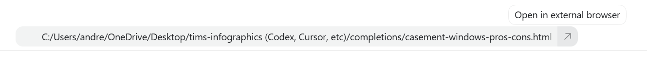 The Open in external browser control above the infographic preview in Codex
